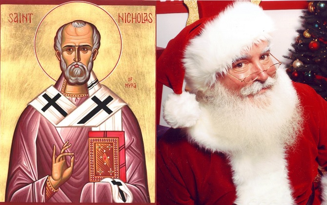 The original Saint Nicholas and his modern avatar.