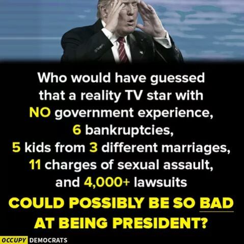 “Who would ahve guessed that a reality TV star with NO government experience, 6 bankruptices, 5 kids from 3 different marriages, 11 charges of sexual assault, and 4,000+ lawsuits could Possiblby Be So BAD at Being President?”