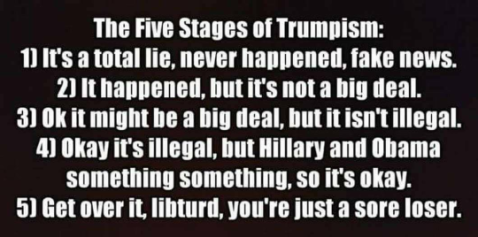 “The Five Stages of Trumpism: 1) It's a total lie, never happened, fake news. 2) It happened, but it's not a big deal. 3) OK< if might be a big deal, but it isn't illegal. 4) Okay it's illegal, but Hillary and Obama something-something, so it's okay. 5) Get over it, libturd, your just a sore loser.”
