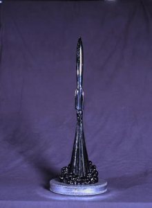 The Hugo trophy given out at NolaCon II, New Orleans, 1988. Trophy designed by: Ned Dameron Photo by: Michael Benveniste 